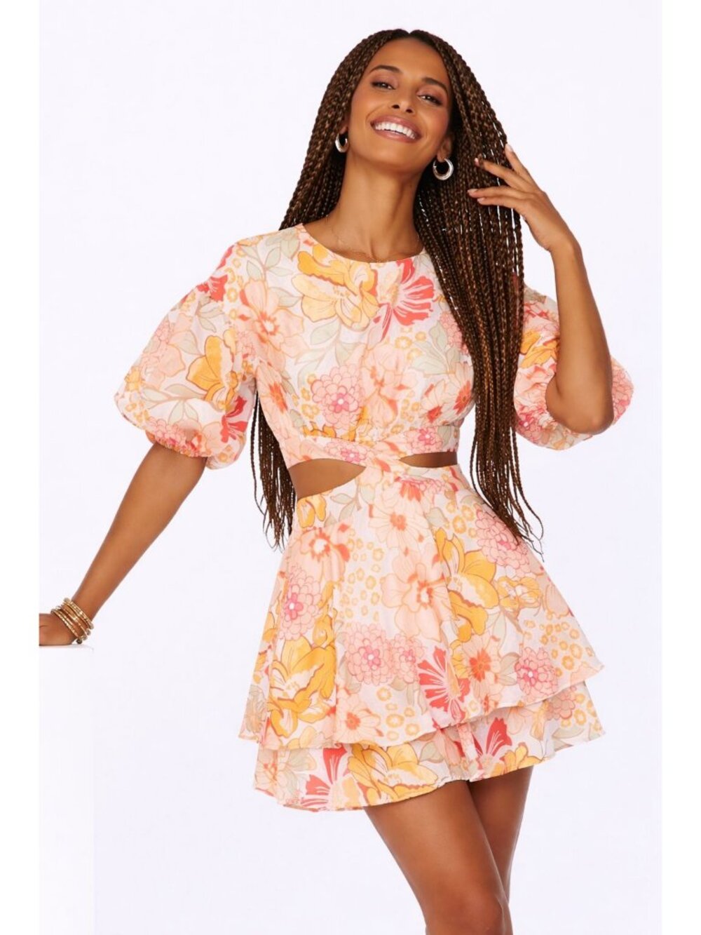 Hello Molly Floral Cutout Puff Sleeve Tiered Mini Dress Size 6